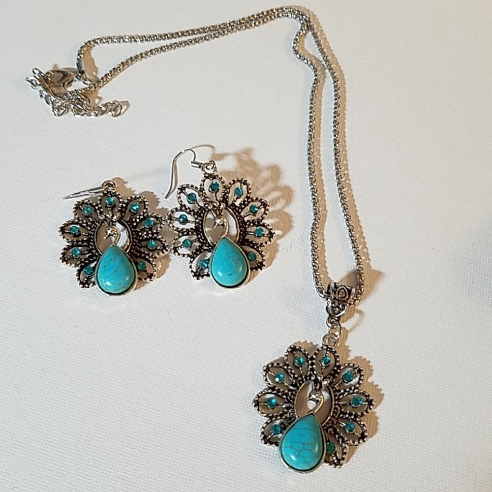 RhinestoneTurquoise Faux Silver Set of 3 Peacock
